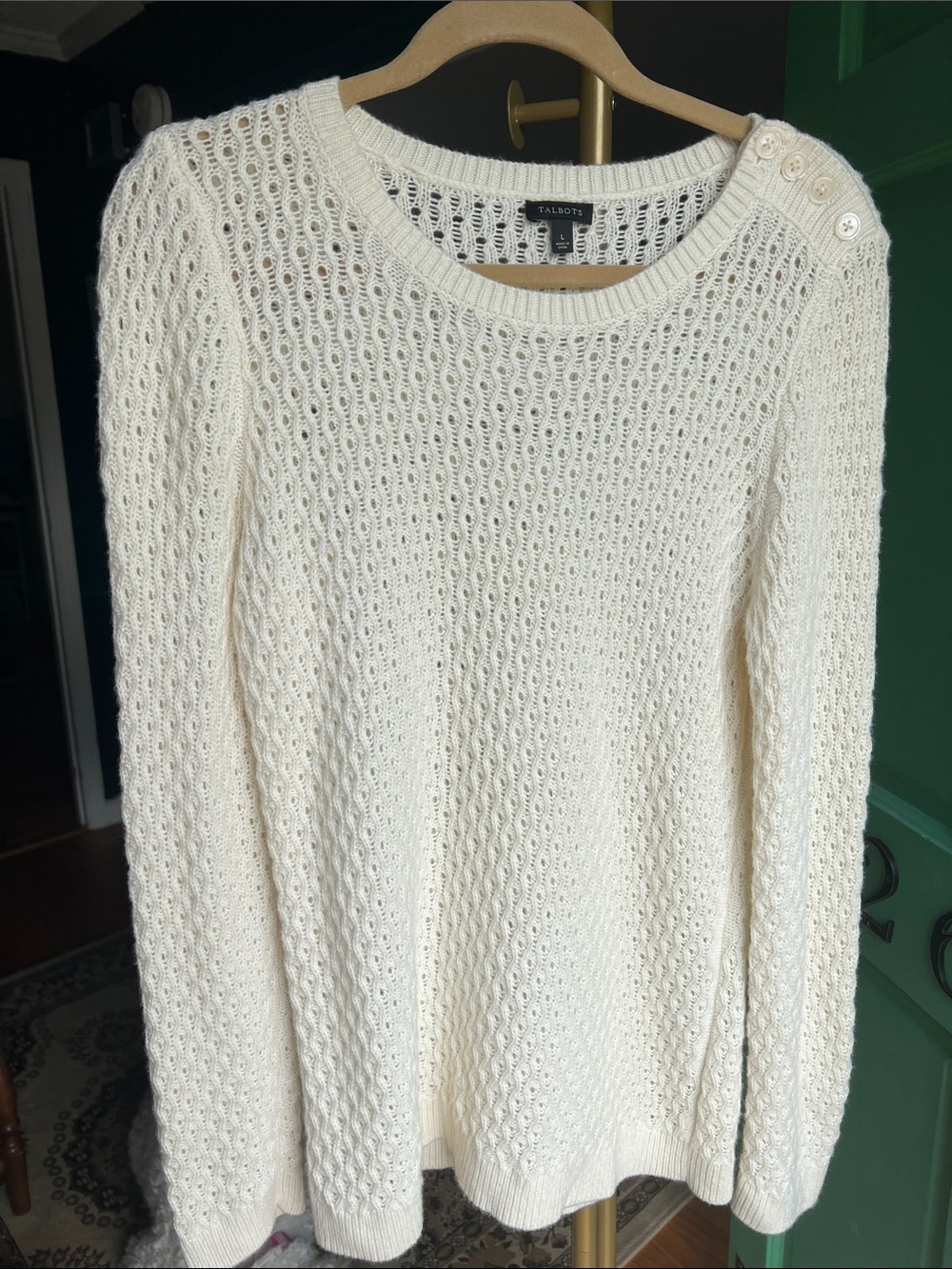 Talbots Cream Open-Weave Crewneck Sweater with Shoulder Buttons NEW SIZE Large